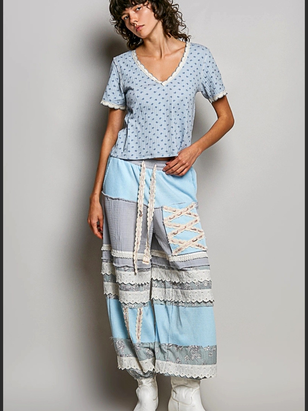 POL Light Blue Patchwork, Lace And Ribbons Joggers